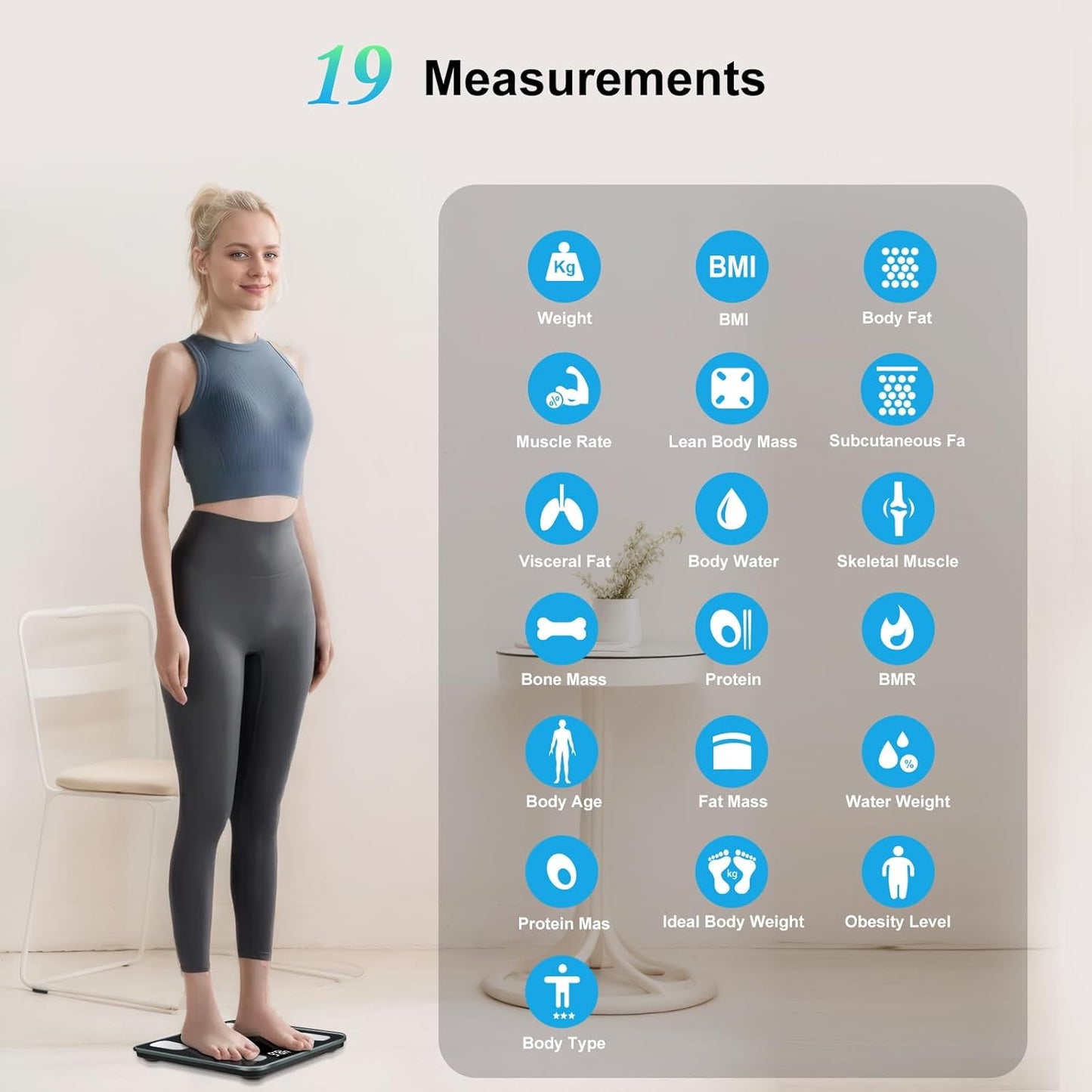 Smart Body Scale Digital with APP for Body Fat, BMI, Muscle Mass, BMR, Protein, Batteries Included