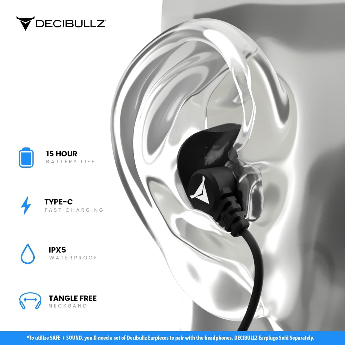 Decibullz Safe + Sound Wireless Bluetooth Headphone Custom Molded
