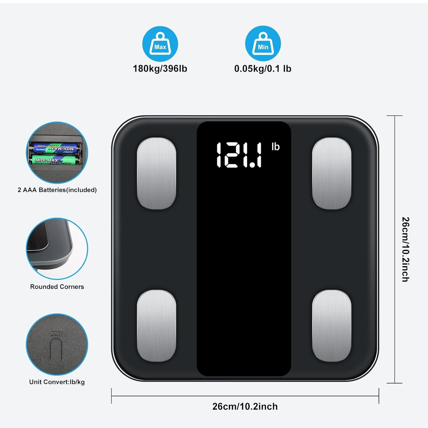 Smart Body Scale Digital with APP for Body Fat, BMI, Muscle Mass, BMR, Protein, Batteries Included