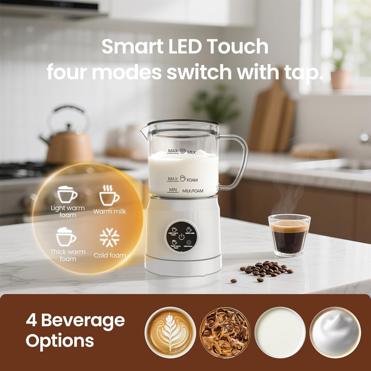 4-in-1 Electric Milk Frother and Steamer with LED Touch Screen