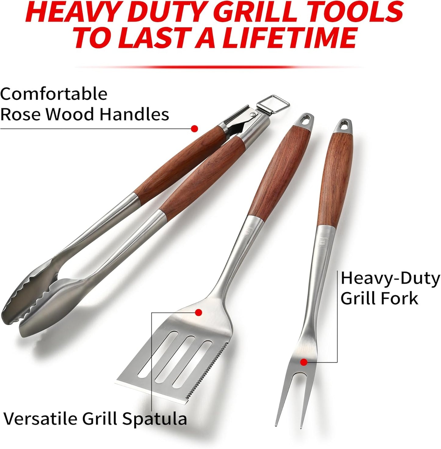 Heavy-Duty Rose Wooden BBQ Grilling Tools Set