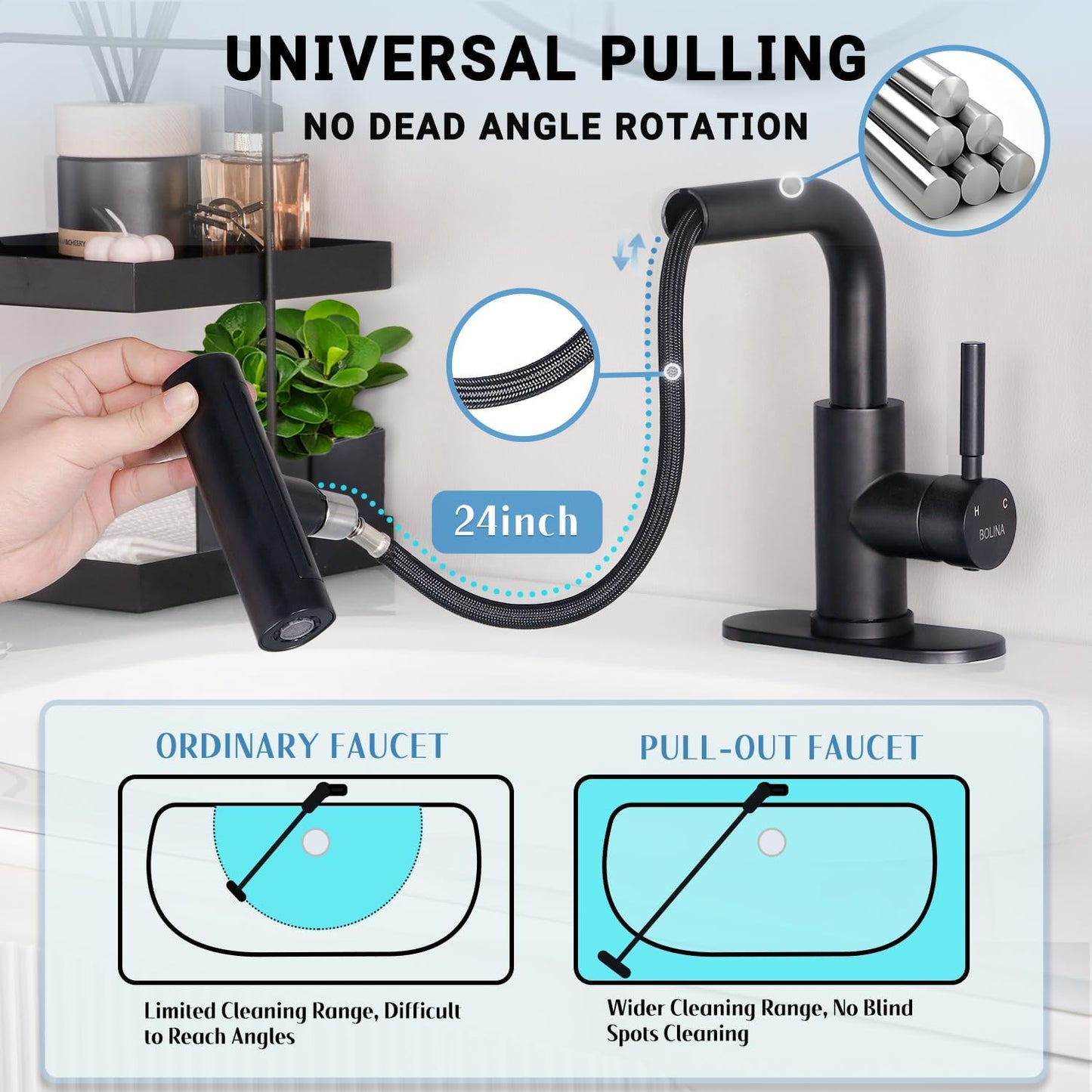 Bathroom Sink Faucet with Pull Down Sprayer, 4 Modes