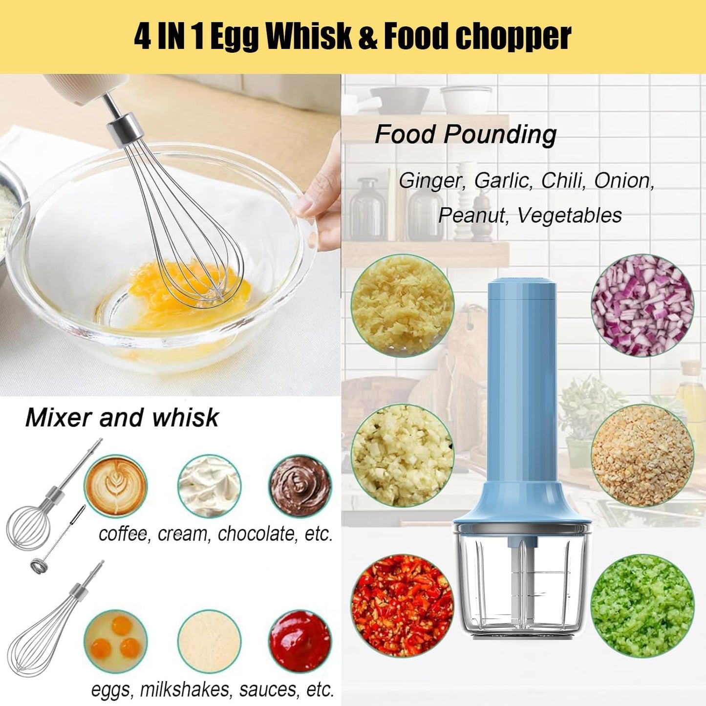 4-in-1 Electric Hand Mixer, Electric Whisk, Mini Onion Chopper 10Oz, Small Cordless Hand Blender, Milk Frother Wand for Coffee, Matcha, 4 Speed Rechargeable Food Processor for Baby Food Maker