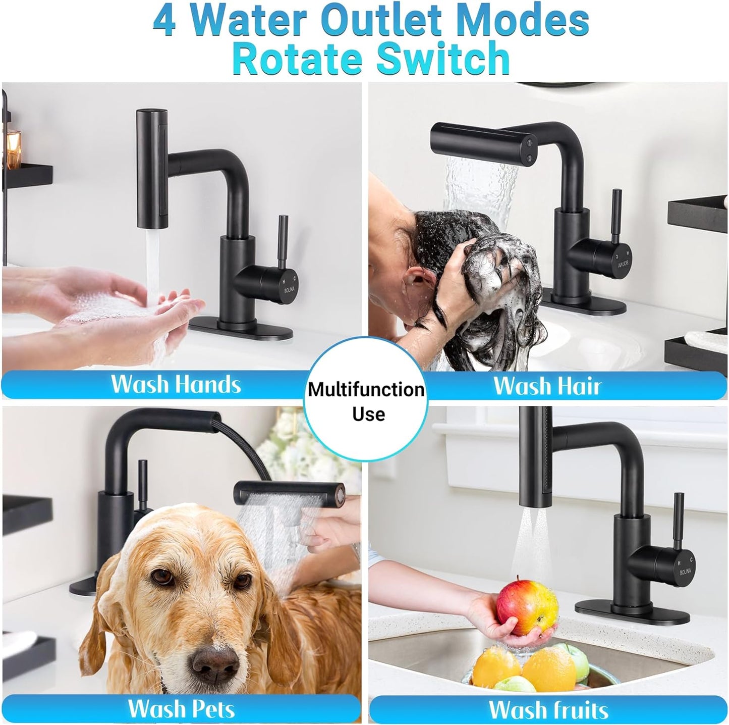 Bathroom Sink Faucet with Pull Down Sprayer, 4 Modes
