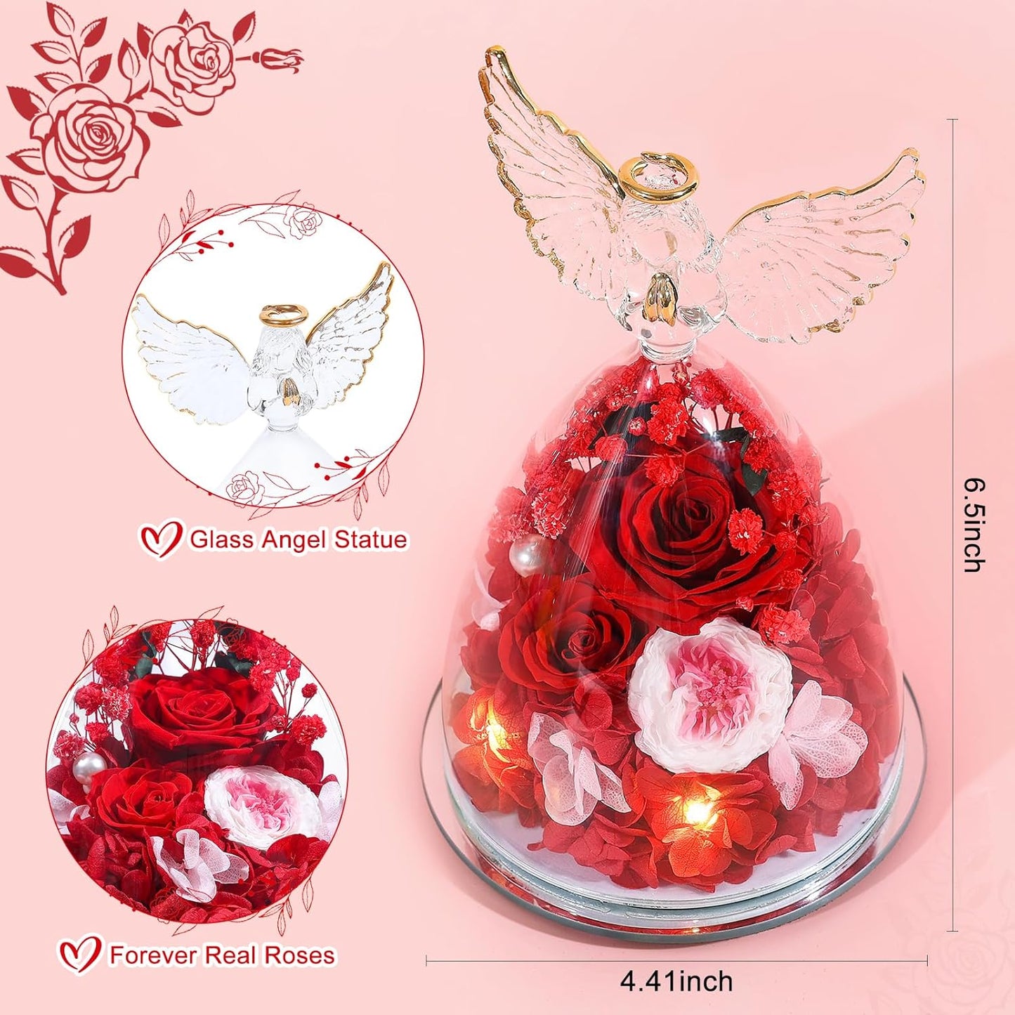 Preserved Rose Forever Flower in Glass Angel Figurine Fresh Flowers