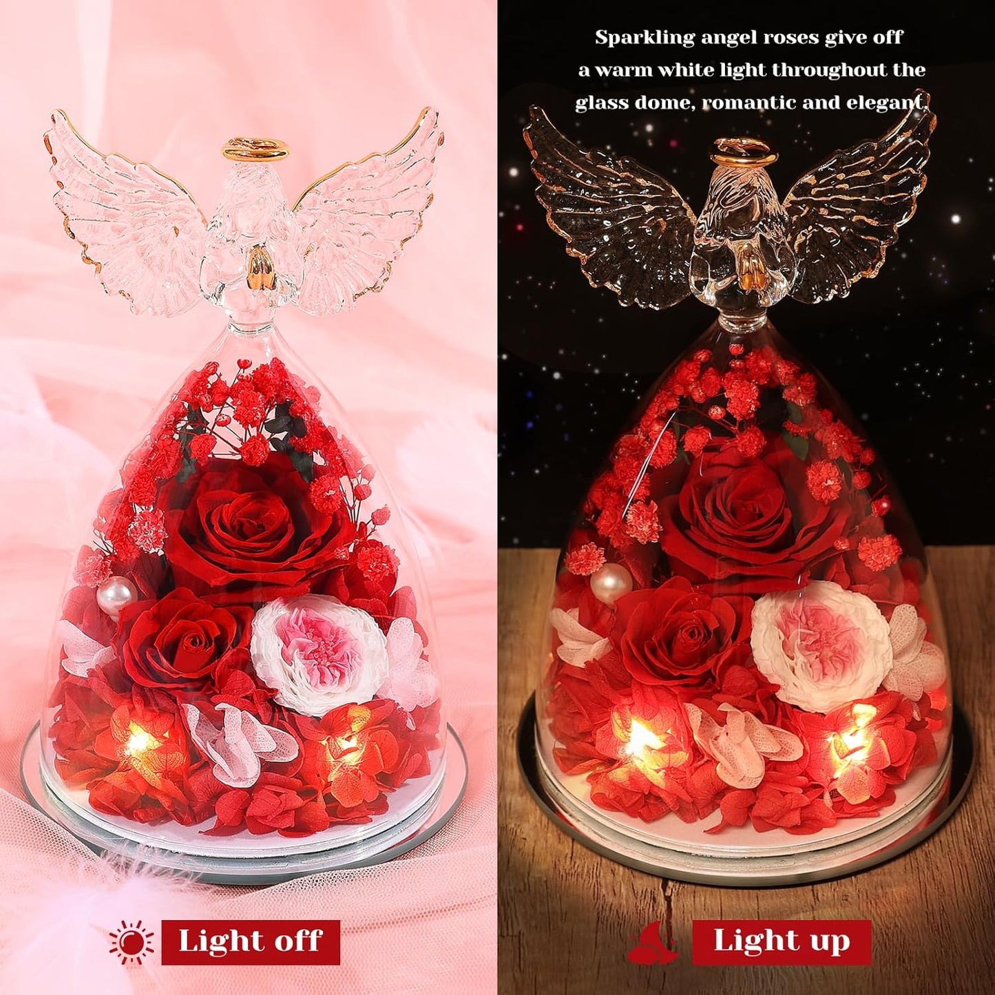 Preserved Rose Forever Flower in Glass Angel Figurine Fresh Flowers