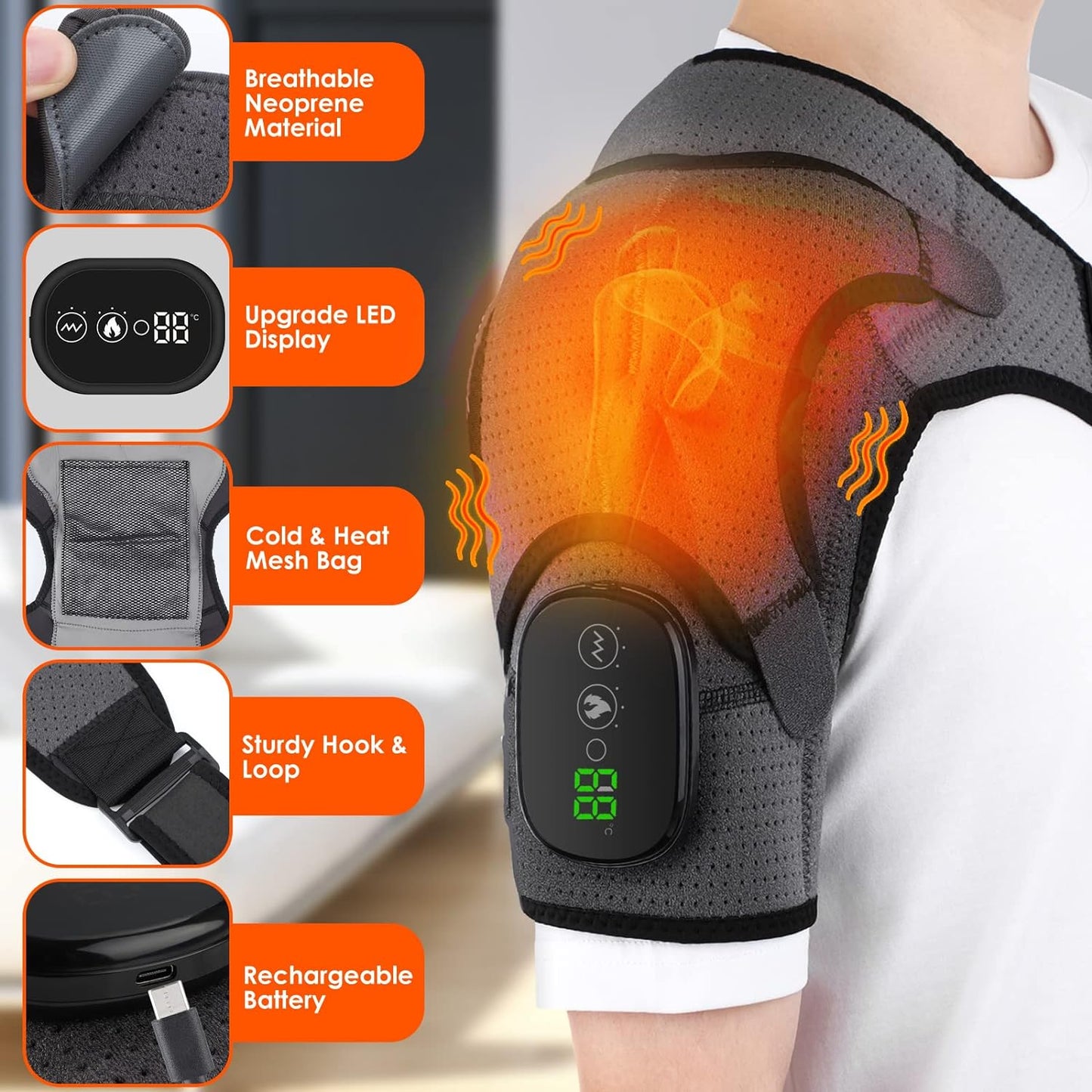 Electric Cordless Vibration Massage Heated Shoulder Brace with 3 Heating Setting