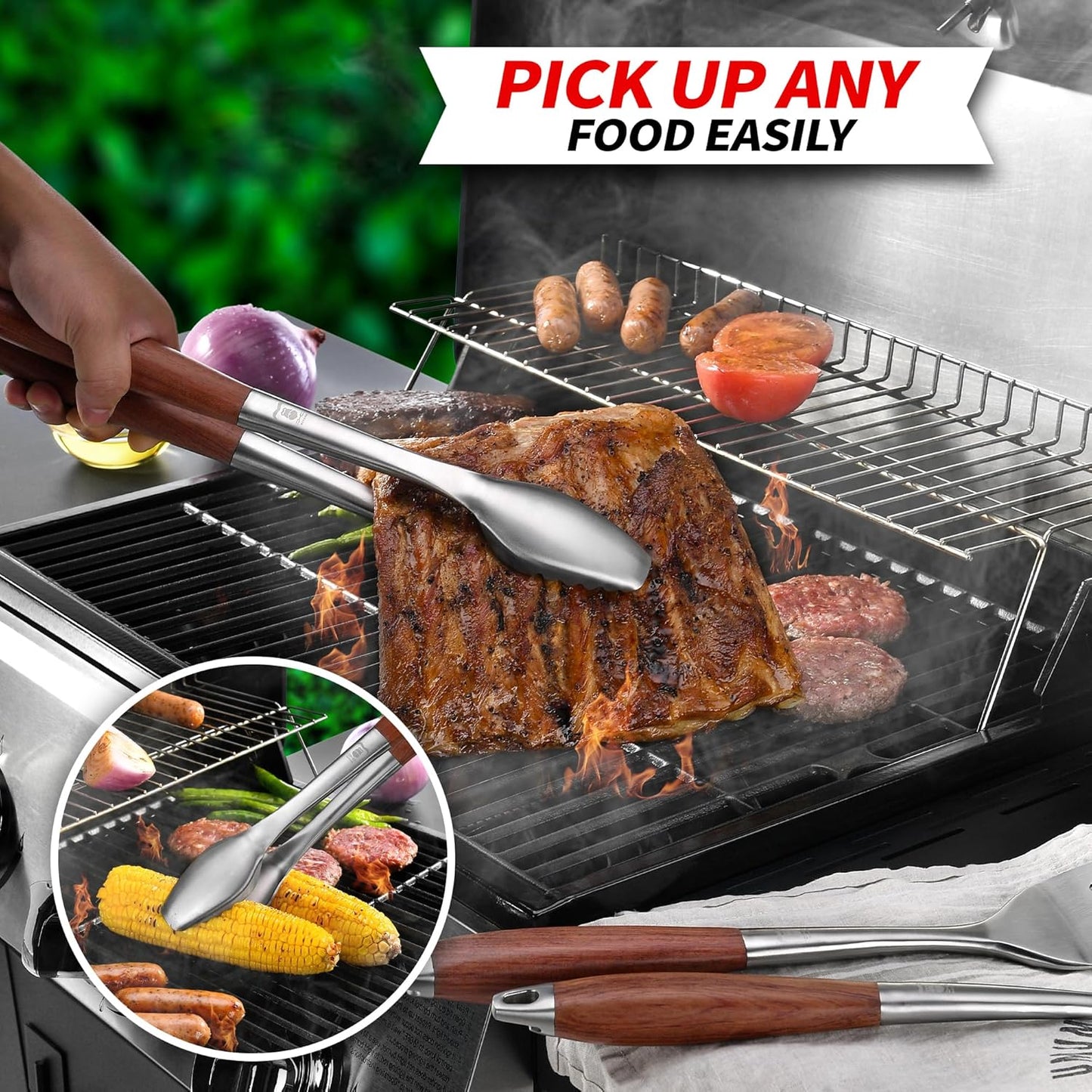 Heavy-Duty Rose Wooden BBQ Grilling Tools Set