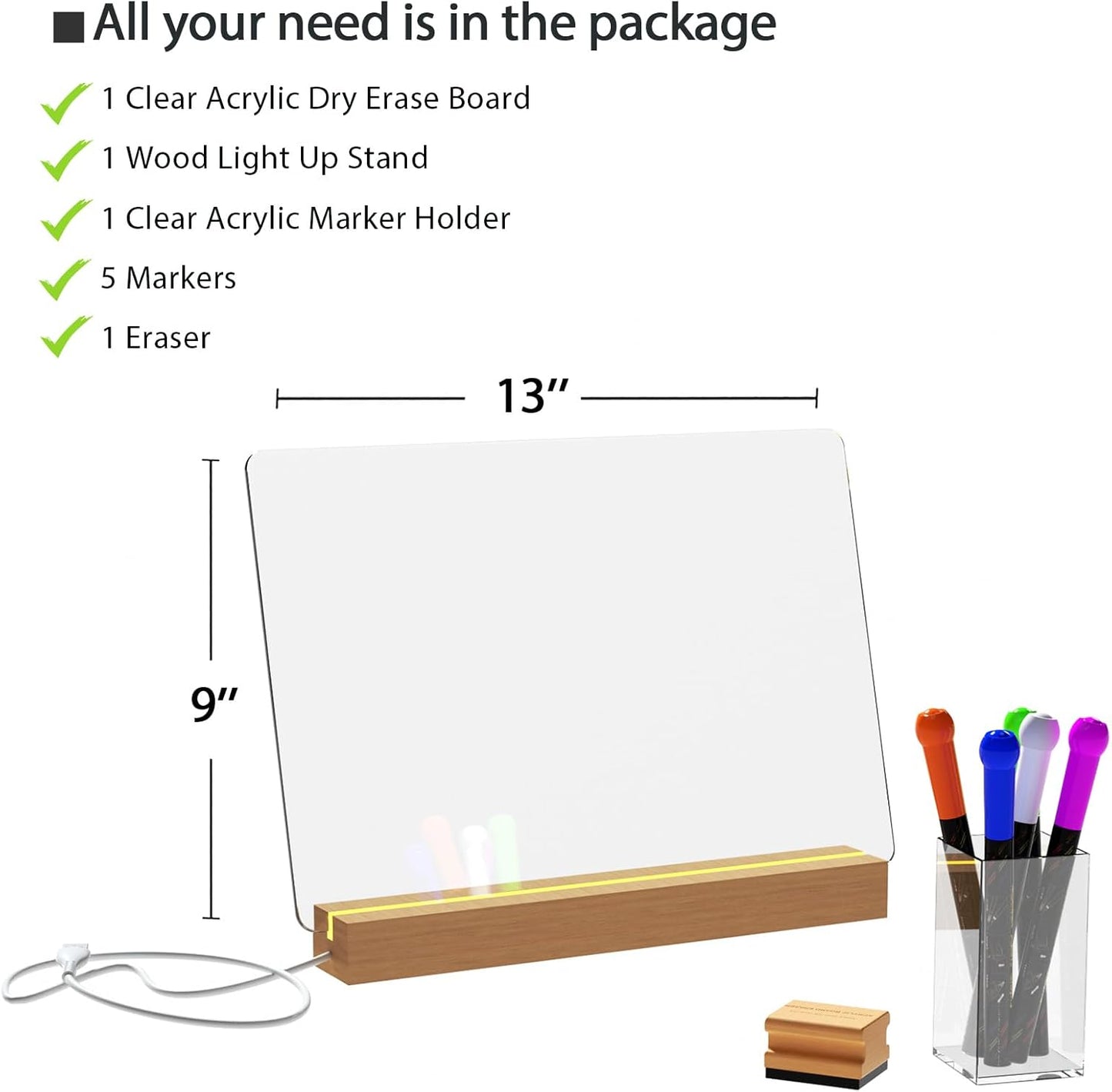Light Up Clear Dry Drase Board 13 x 9 inch with 5 Markers