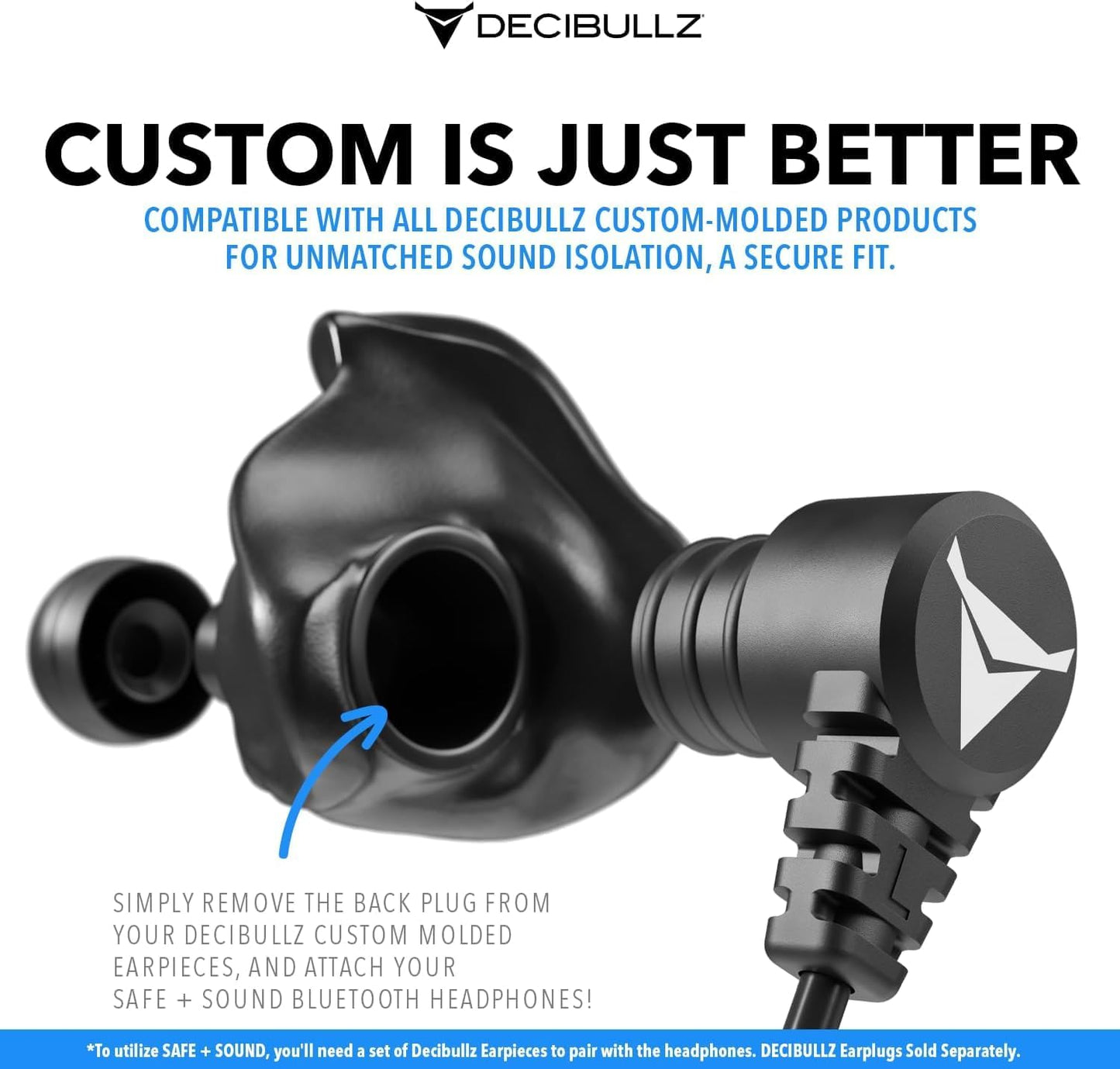 Decibullz Safe + Sound Wireless Bluetooth Headphone Custom Molded