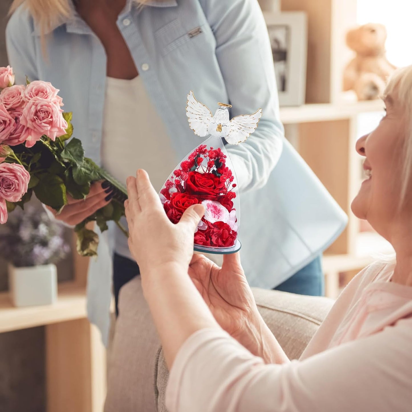 Preserved Rose Forever Flower in Glass Angel Figurine Fresh Flowers