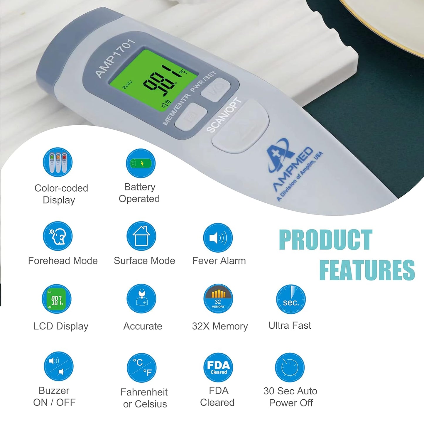 Amplim Medical Grade Non-Contact Digital Infrared Forehead Thermometer