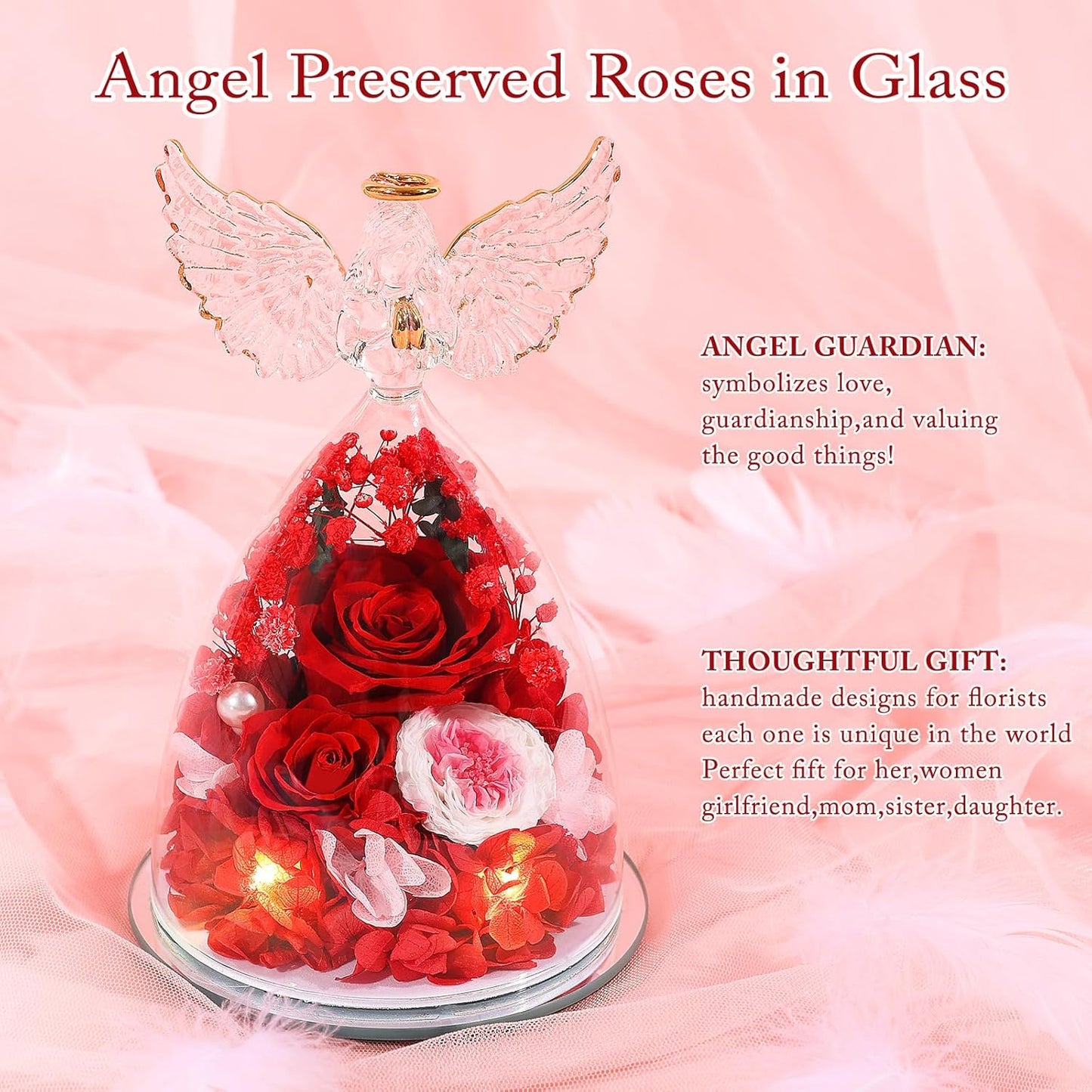 Preserved Rose Forever Flower in Glass Angel Figurine Fresh Flowers