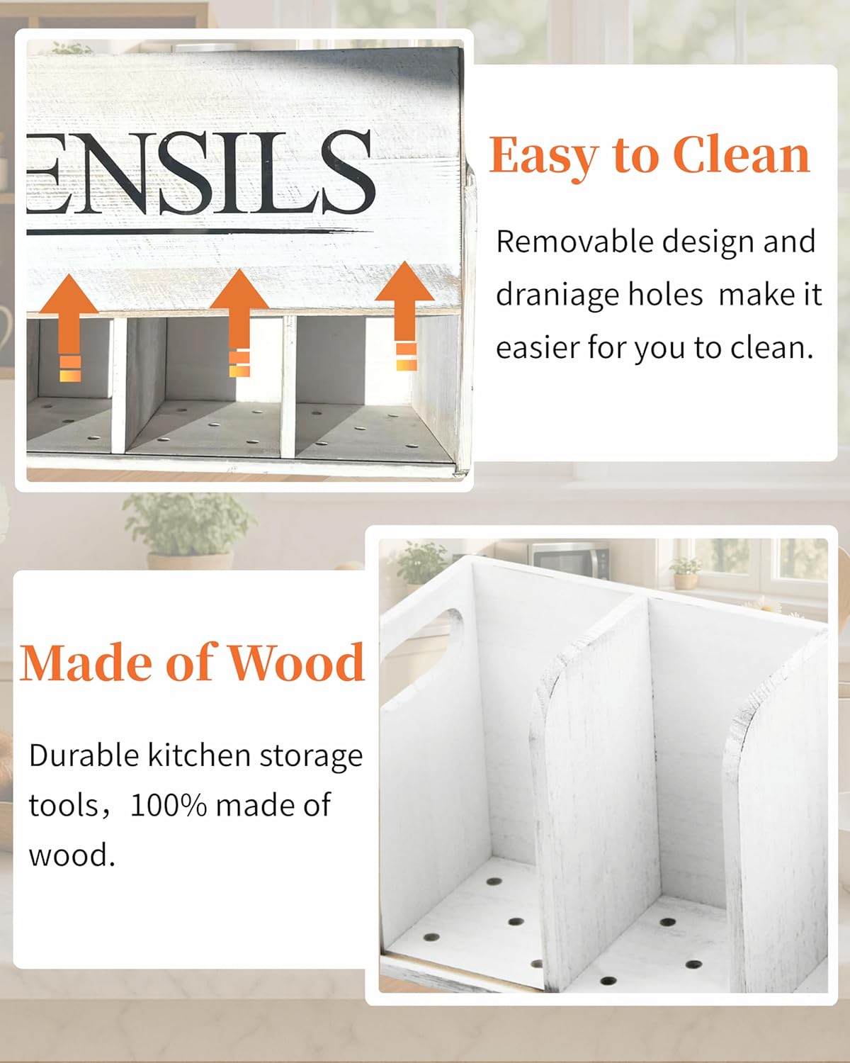White Kitchen Utensil Holder Rustic Large Wooden Utensil Organizer