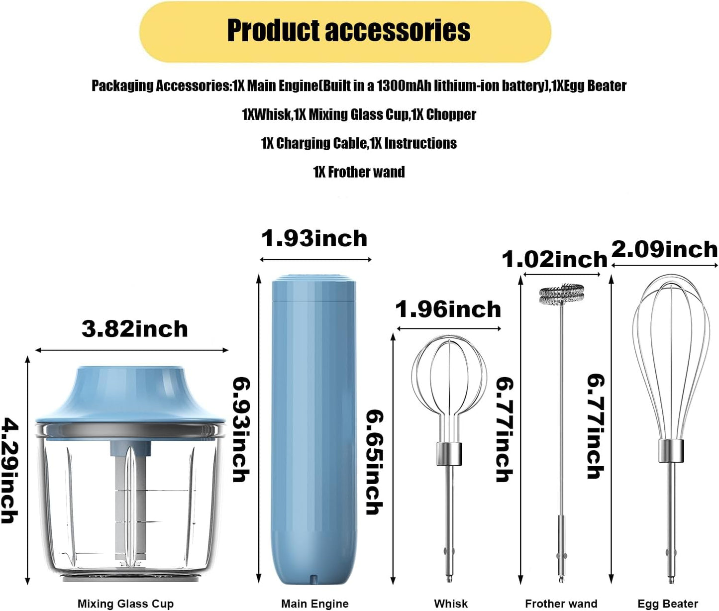 4-in-1 Electric Hand Mixer, Electric Whisk, Mini Onion Chopper 10Oz, Small Cordless Hand Blender, Milk Frother Wand for Coffee, Matcha, 4 Speed Rechargeable Food Processor for Baby Food Maker