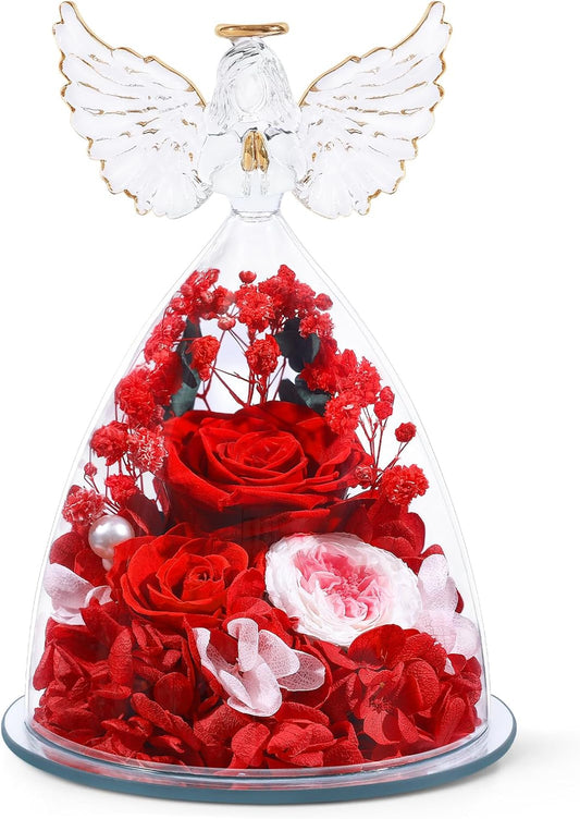 Preserved Rose Forever Flower in Glass Angel Figurine Fresh Flowers