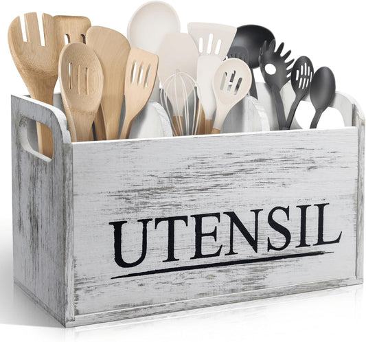 White Kitchen Utensil Holder Rustic Large Wooden Utensil Organizer